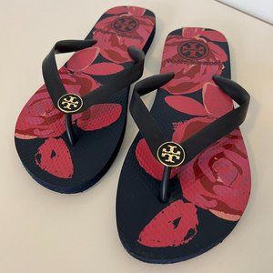 Tory Burch Navy and Pink Floral Flip Flops - Size 8